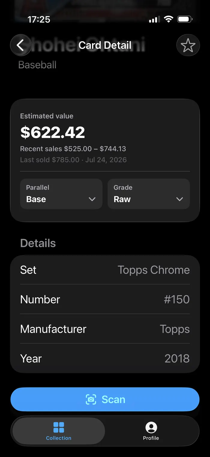 Card detail screen showing an estimated value of $822.42