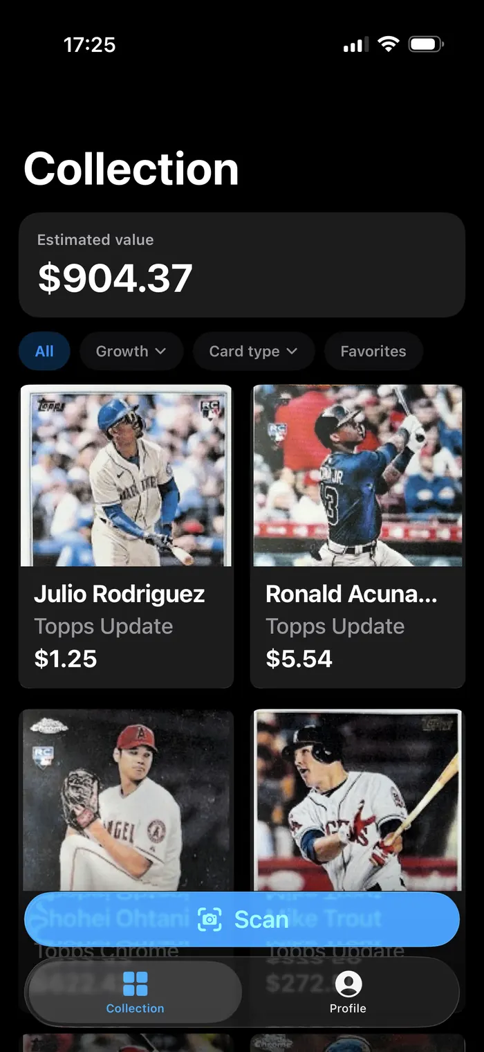 Collection screen with an estimated value of $904.37